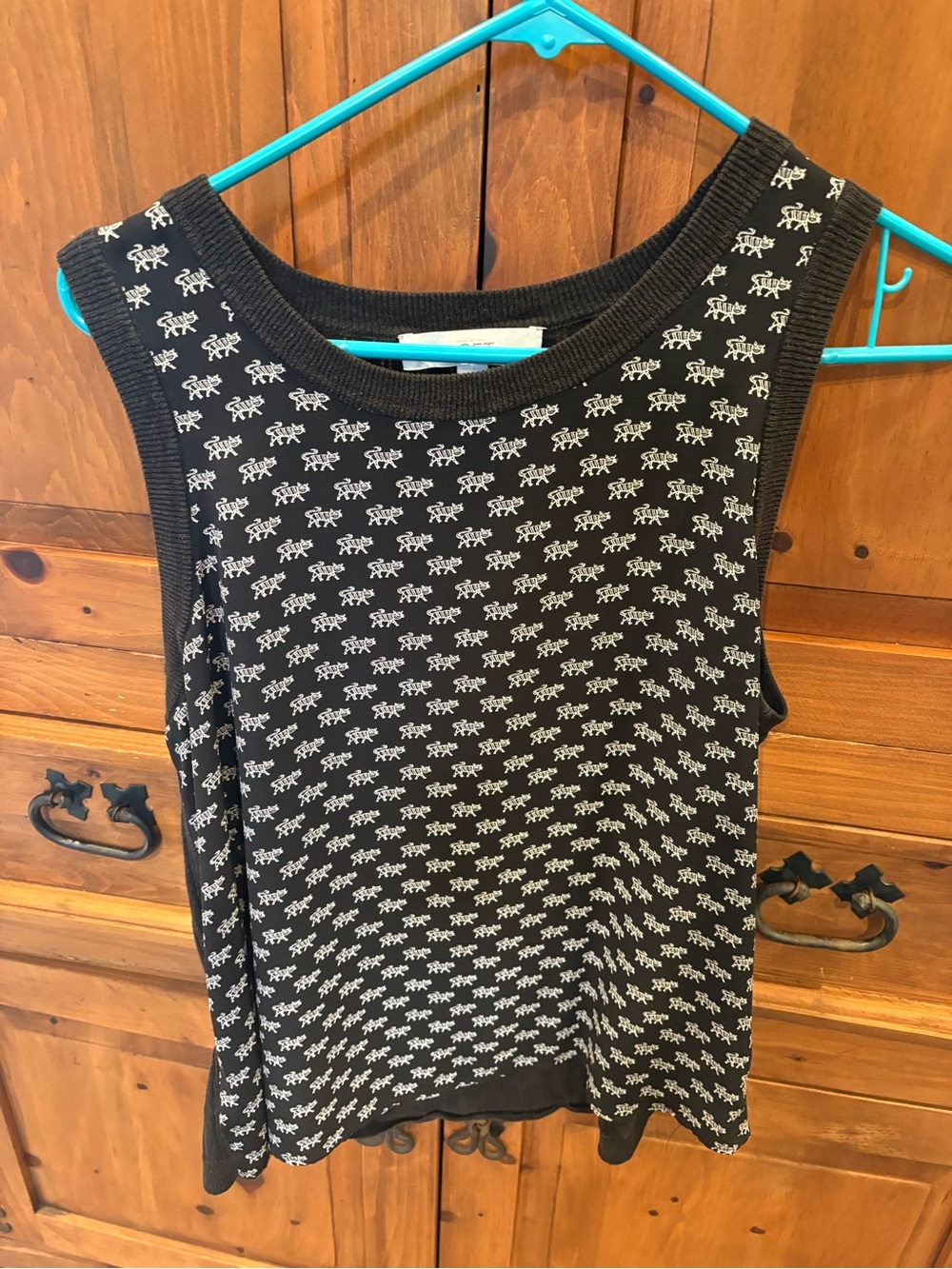 LOFT Black Knit Tank with White Animal Microprint